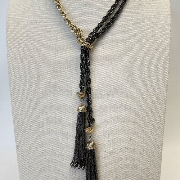 Two Tone Twisted Tassel Necklace Black Gold-Tone Long Length Adjustable - Picture 3 of 7
